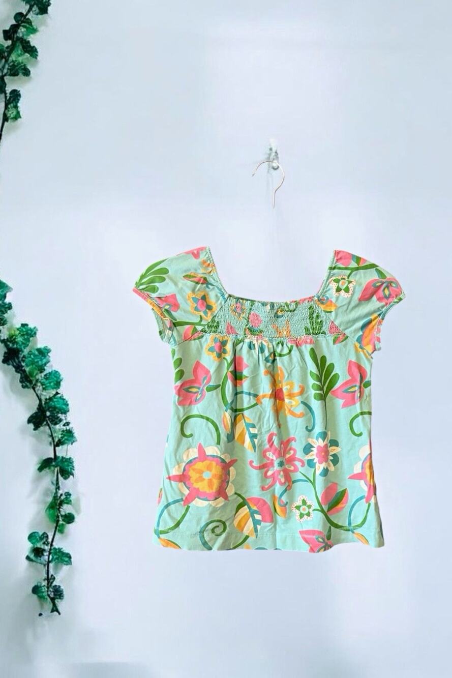 Vintage GapKids Girls Blue Floral Smocked Square Neck Short Sleeve Top Size 10